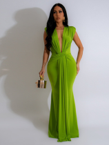 Green New Deep V-Neck Sexy Short-Sleeved Dress