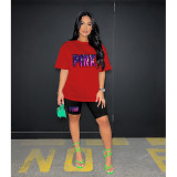 Red Stylish Contrasting Sports Crew Neck Printed Two-Piece Set