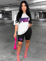White Stylish Contrasting Sports Crew Neck Printed Two-Piece Set
