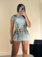 Grey Fashionable Casual Drawstring Pleated High Waist Slim Skirt Two Pieces