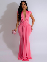 Pink New Deep V-Neck Sexy Short-Sleeved Dress