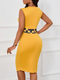 Yellow Printed O-Neck Sleeveless Zipper Sexy Dress