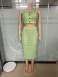Light  Green Sexy Tassel Fishnet Knitted Casual Two-piece Set