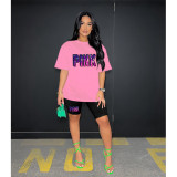 Pink Stylish Contrasting Sports Crew Neck Printed Two-Piece Set