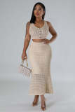 Apricot Sexy Tassel Fishnet Knitted Casual Two-piece Set