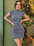 Grey Fashionable Slim Fit Sleeveless High Collar Hip Dress