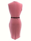 Pink Color Block Sleeveless Zipper Dress (With Belt)