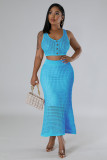 Light Blue Sexy Tassel Fishnet Knitted Casual Two-piece Set