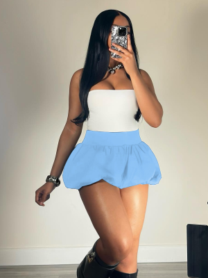 Blue Elastic Waist Bubble Mini Skirt