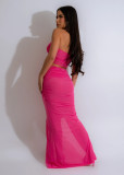 Rose Red Sexy One-Shoulder Slit Long Skirt Two-Piece Set