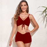 Wine Red Sexy Pit Swimsuit Boxer Briefs Bikini Set