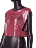Rose Red Stylish Metallic Boat Collar Sleeveless T-Shirt