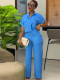 Blue Casual Fashionable Lapel Short-sleeved Shirt Wide-leg Pants Suit