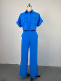 Blue Casual Fashionable Lapel Short-sleeved Shirt Wide-leg Pants Suit