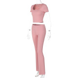 Pink Fashionable Casual Short-Sleeved Tops And Slim Trousers Two Pieces