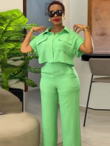 Green Casual Fashionable Lapel Short-sleeved Shirt Wide-leg Pants Suit