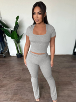 Grey Fashionable Casual Short-Sleeved Tops And Slim Trousers Two Pieces