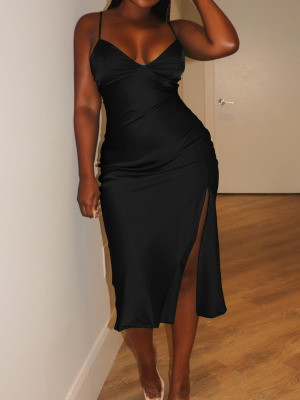 Black Fashionable Suspender Slit Dress