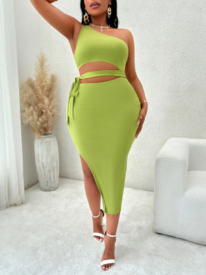 Green Large Size Single Shoulder Hollow Strap Knitted Dress