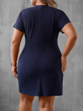 Navy Blue Summer Plus Size Round Neck Waisted Short Sleeve Dress