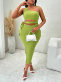 Green Large Size Single Shoulder Hollow Strap Knitted Dress