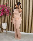 Apricot O-Neck Short-Sleeved Wide-Leg Pants Two-Piece Set
