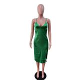 Green Fashionable Suspender Slit Dress