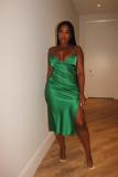 Green Fashionable Suspender Slit Dress