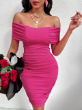 Rose Red Casual Sexy One Shoulder Gathered Dress