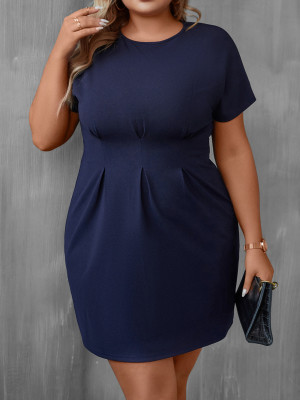 Navy Blue Summer Plus Size Round Neck Waisted Short Sleeve Dress