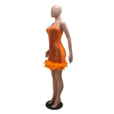 Orange Fashionable Strappy Sequined See-Through Bag Hip Dress