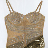 Golden Suspender High Slit Hot Diamond See-Through Bag Hip Dress