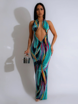 Green Fashionable And Sexy Backless Halter Neck Long Dress