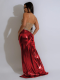 Red Suspender High Slit Hot Diamond See-Through Bag Hip Dress
