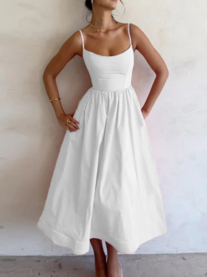 White Sexy U-neck Waist-cinching Pleated Suspender Dress With Full Skirt