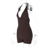 Brown Tie-Back Backless Pleated Skinny Exercise Yoga Jumpsuit