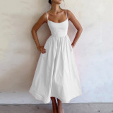 White Sexy U-neck Waist-cinching Pleated Suspender Dress With Full Skirt