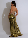 Golden Suspender High Slit Hot Diamond See-Through Bag Hip Dress