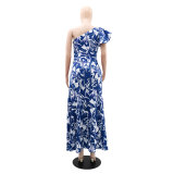 Blue Off-Shoulder High-Waist Printed Loose Dress