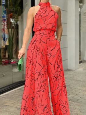 Red Casual Printed Halterneck High-waisted Wide-leg Jumpsuit
