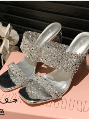 Silver Stylish Stiletto Square Toe Open Toe Sandals