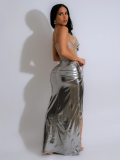 Silver Suspender High Slit Hot Diamond See-Through Bag Hip Dress