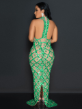 Green O-Neck Sleeveless Sequined Slim Backless Sexy Bag Hip Dress