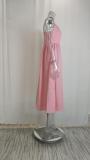 Pink Sexy U-neck Waist-cinching Pleated Suspender Dress With Full Skirt