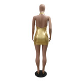 Golden Fashionable O-Neck Sleeveless See-Through Mesh Gauze Bag Hip Dress
