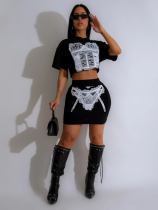Black Fashionable O-Neck Short Top And Skirt Two Pieces