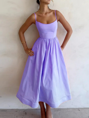 Light Purple  Sexy U-neck Waist-cinching Pleated Suspender Dress With Full Skirt