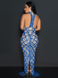 Blue O-Neck Sleeveless Sequined Slim Backless Sexy Bag Hip Dress