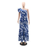 Blue Off-Shoulder High-Waist Printed Loose Dress