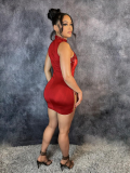Red O-Neck Sleeveless See-Through Sequin Bag Hip Sexy Dress